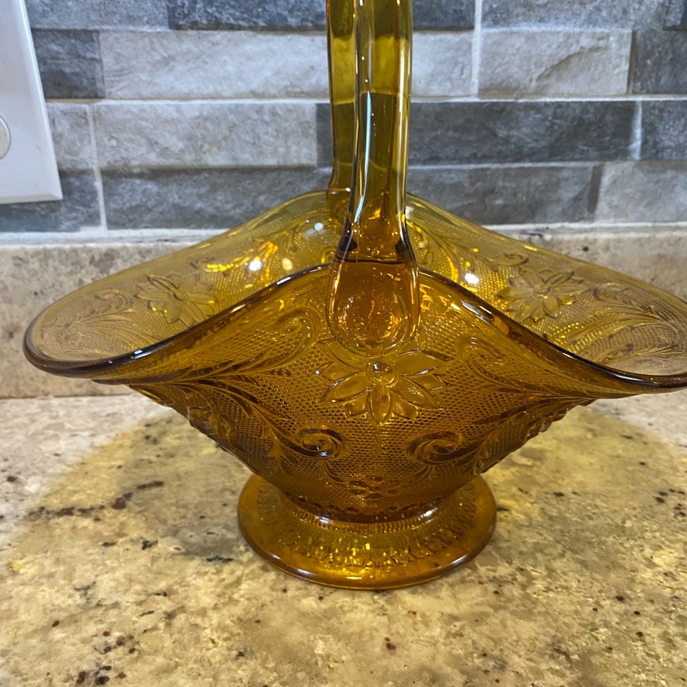 Amber Glass Basket‎ with Floral Design 11”